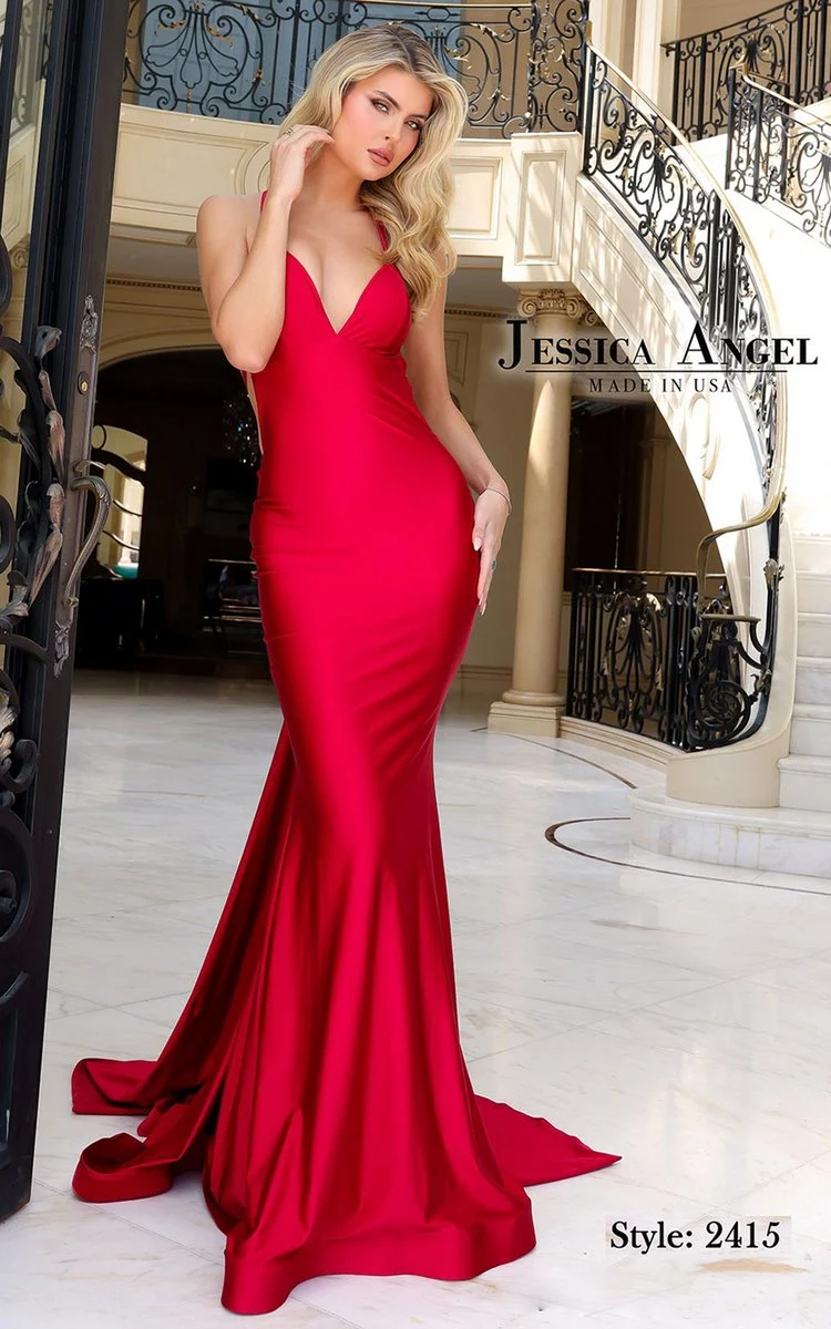 Jessica Angel 2415 red jersey prom dress front view