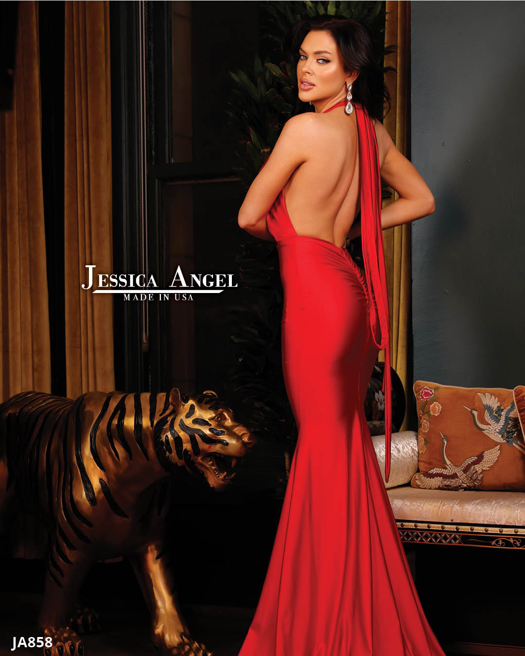 Jessica Angel 858 red open back jersey prom dress back view