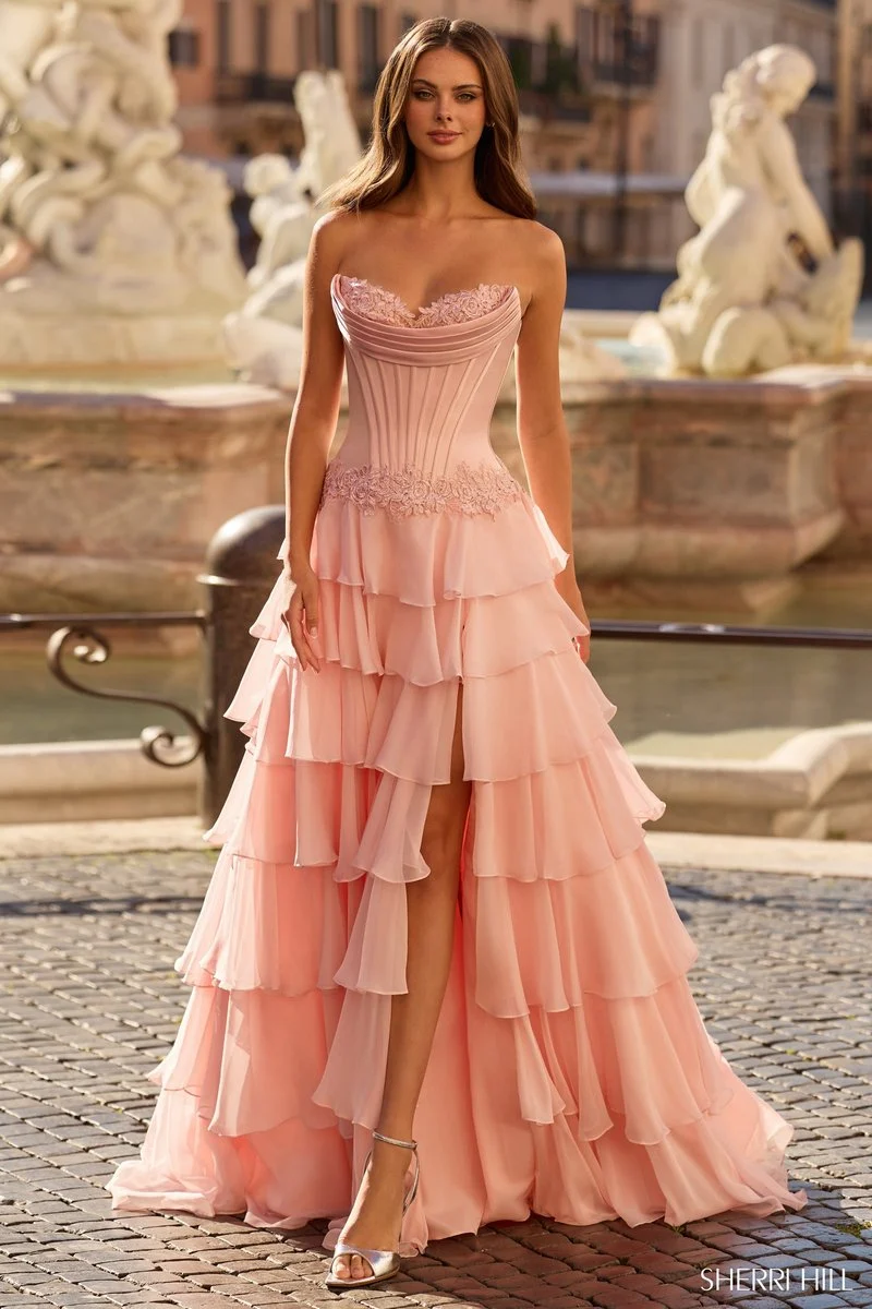 Sherri Hill 57868 blush layered ruffle prom dress back view