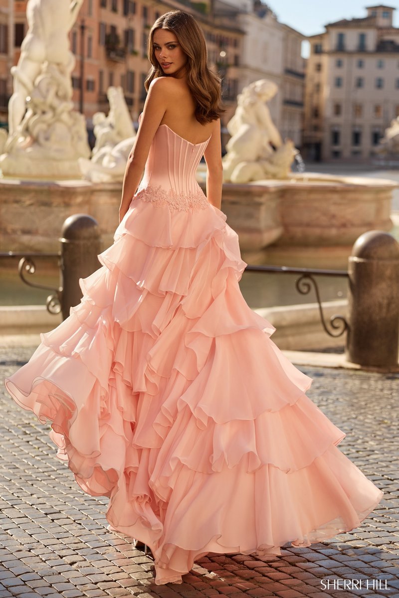 Sherri Hill 57868 blush corset ruffle prom dress front view