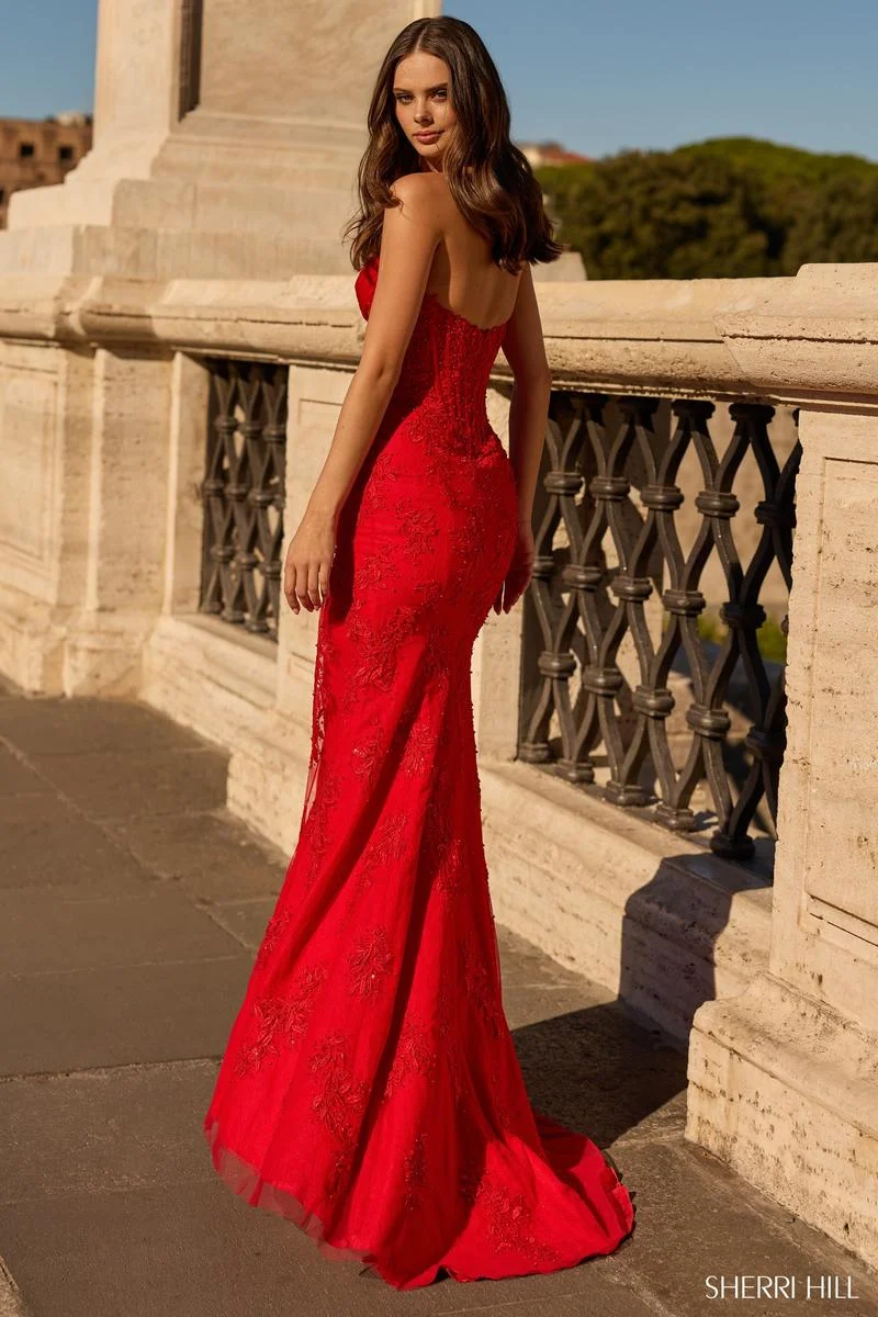 Sherri Hill 57935 red fitted prom dress back view
